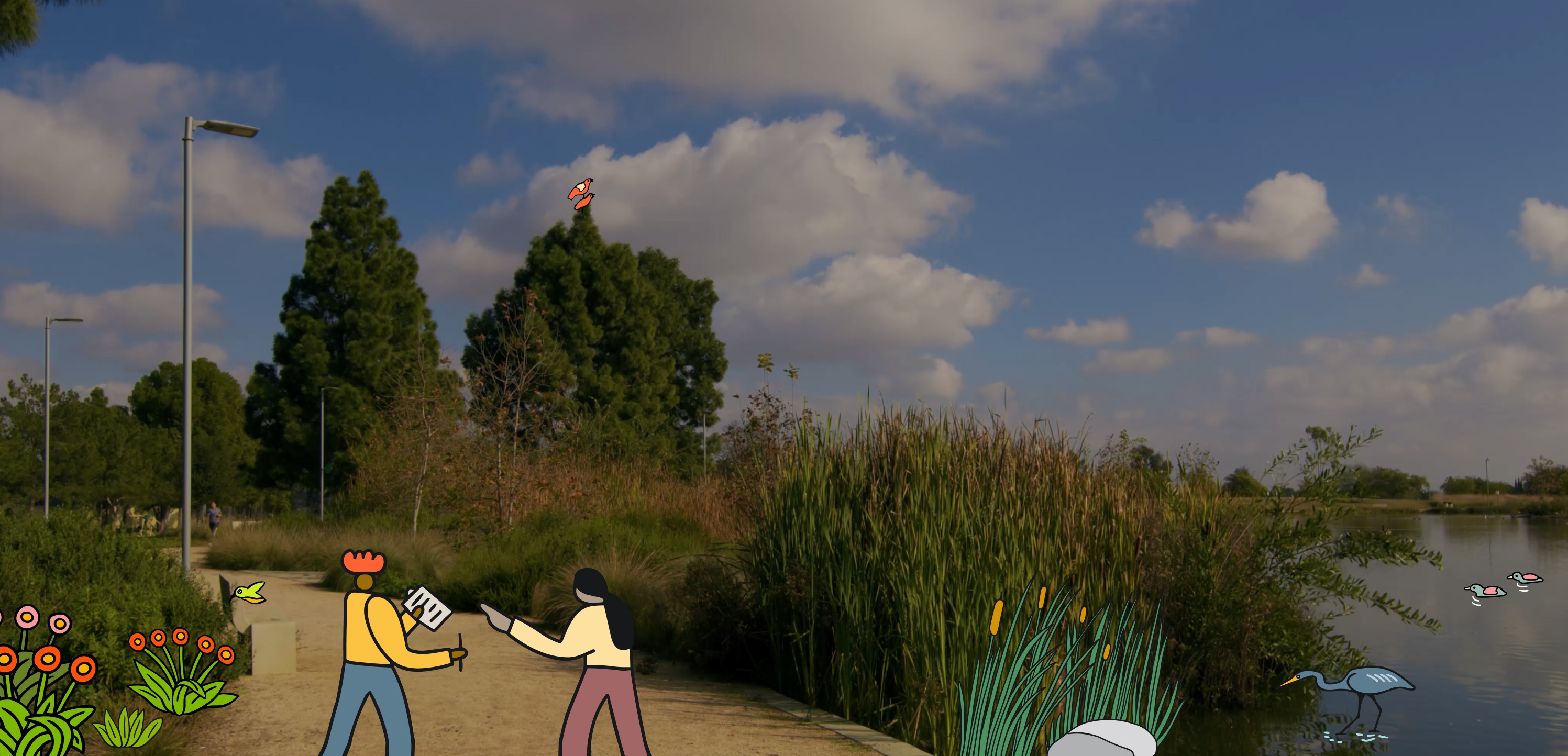 A grassy, tree-lined pedestrian pathway beside a lake overlaid with colorful illustrations of birds, wetland grasses, and two people discussing a petition.