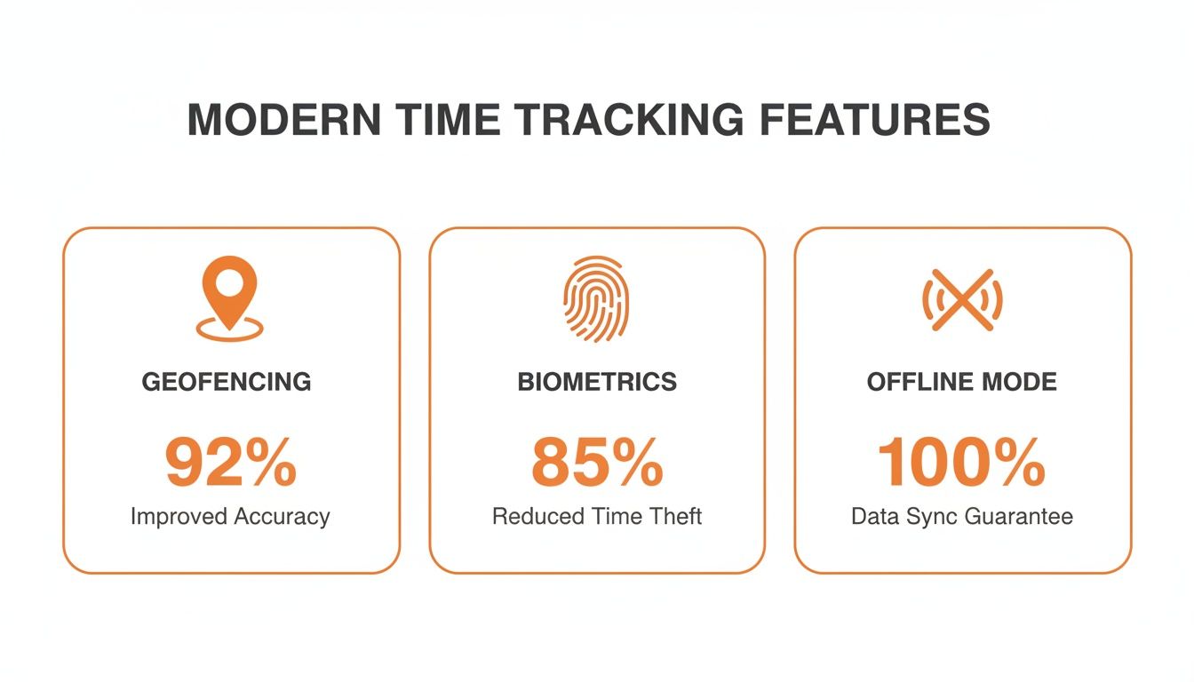 Infographic detailing modern time tracking features: Geofencing, Biometrics, and Offline Mode, highlighting their accuracy and efficiency benefits.