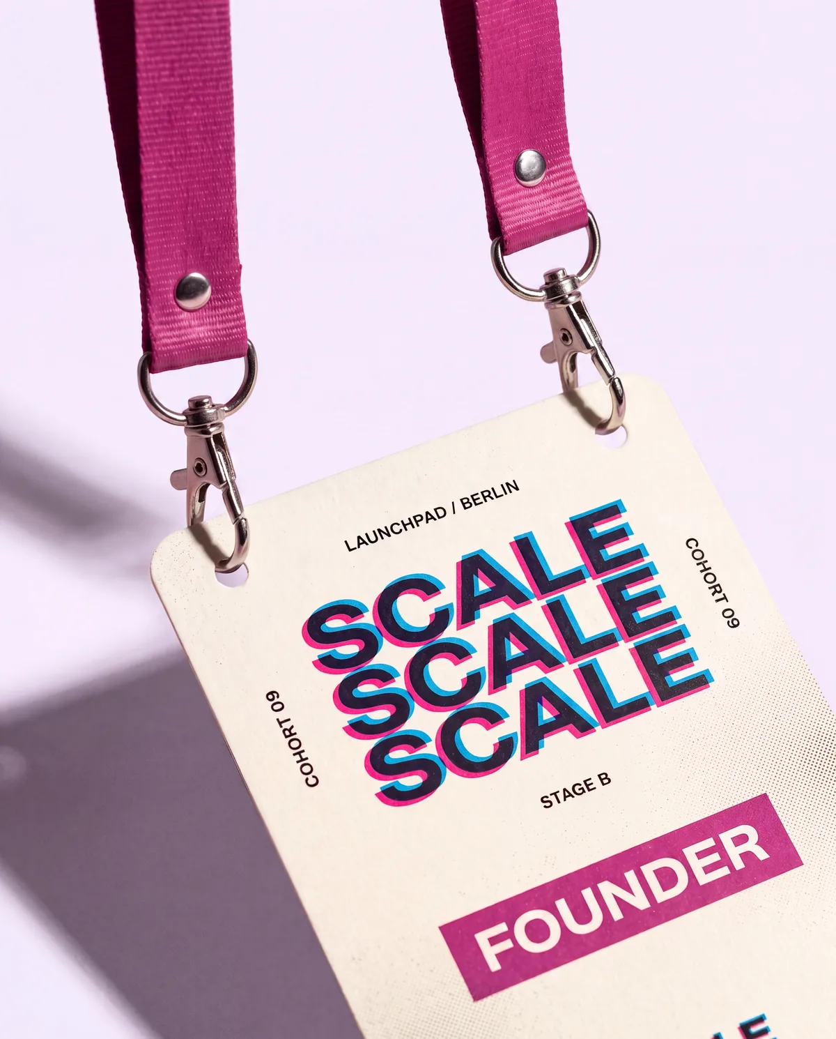 Startup event badge with double lanyard and metal swivel hook