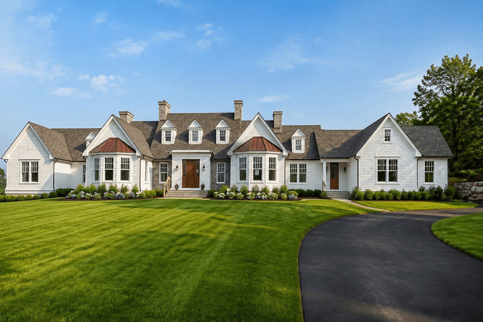 Custom residence exterior with evening lights