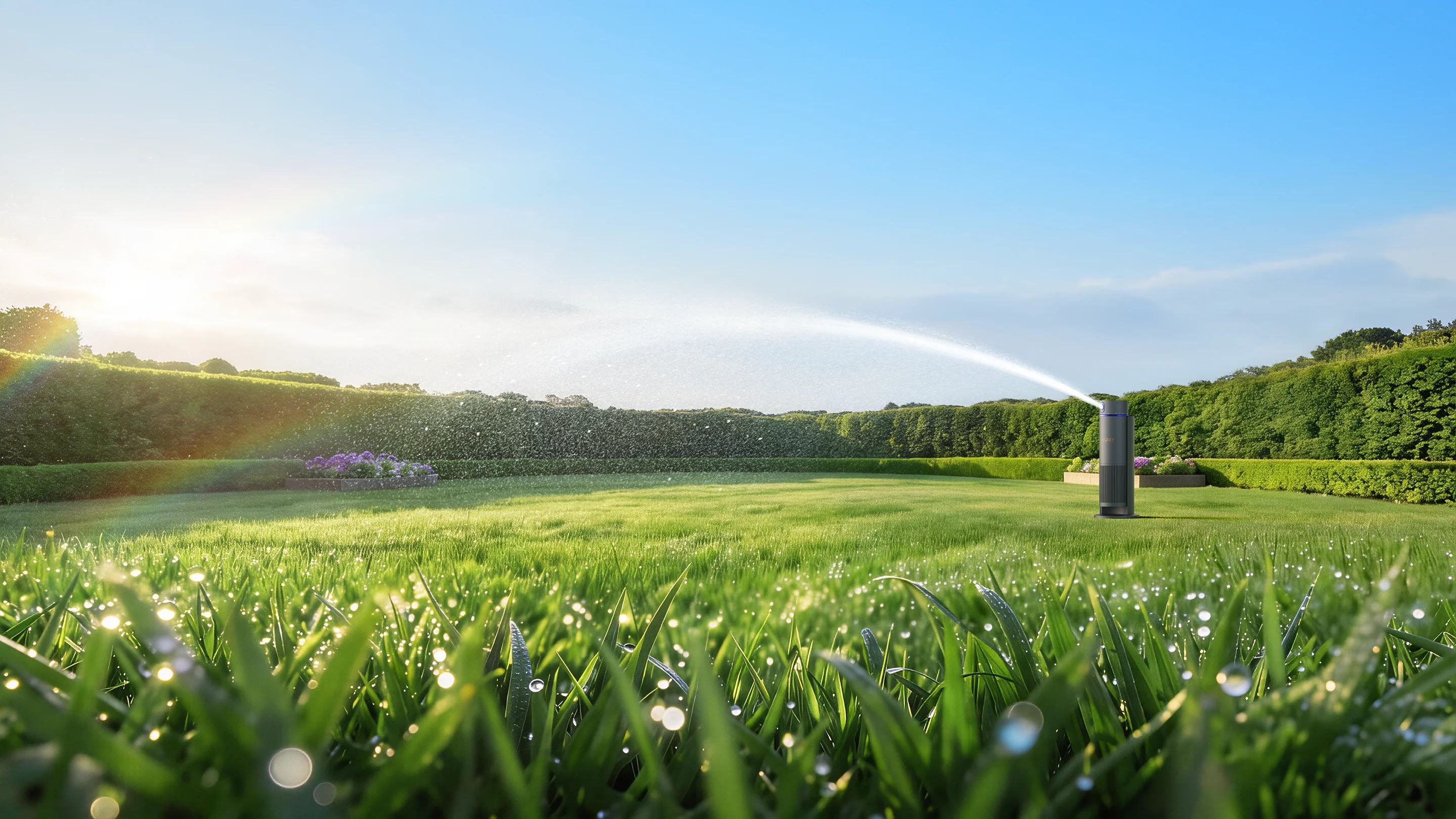 Sprinkler watering a sunlit green lawn with dewy grass