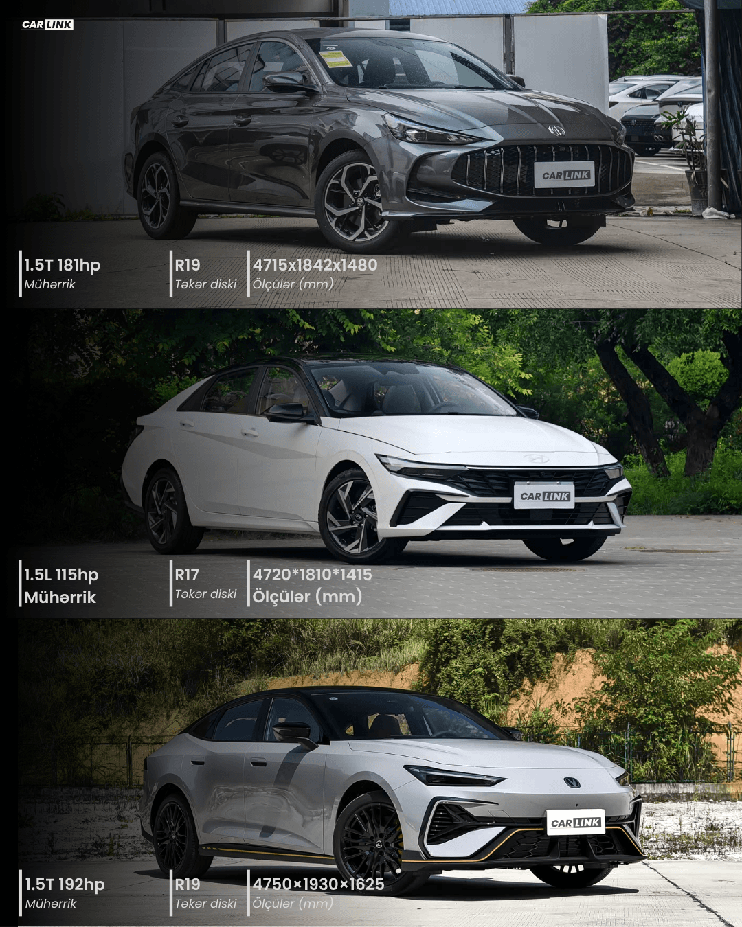 MG5, Hyundai Elantra və Changan UNI-V texniki göstəricilərinin müqayisəsi