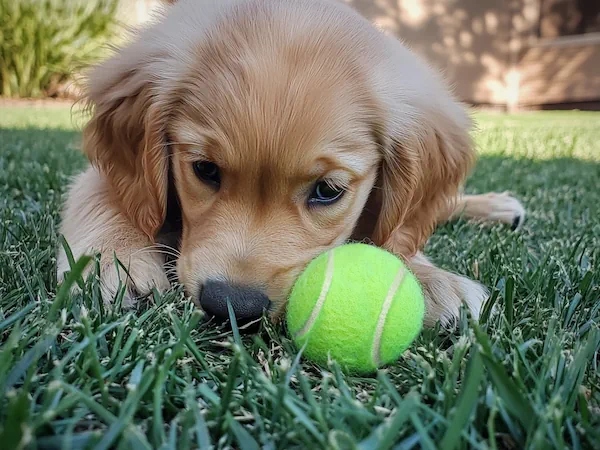 A Golden Retriever puppy laying on grass playing with a tennis ball