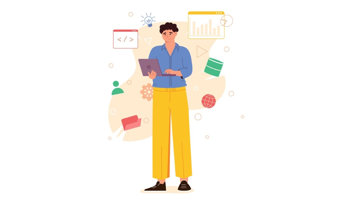 A professional using a tablet surrounded by icons for code, charts, data, and innovation.