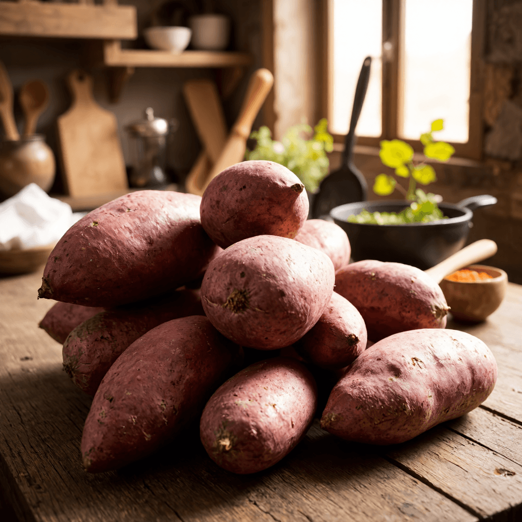 product photography of a pile of sweet potatoes, used for cooking and baking