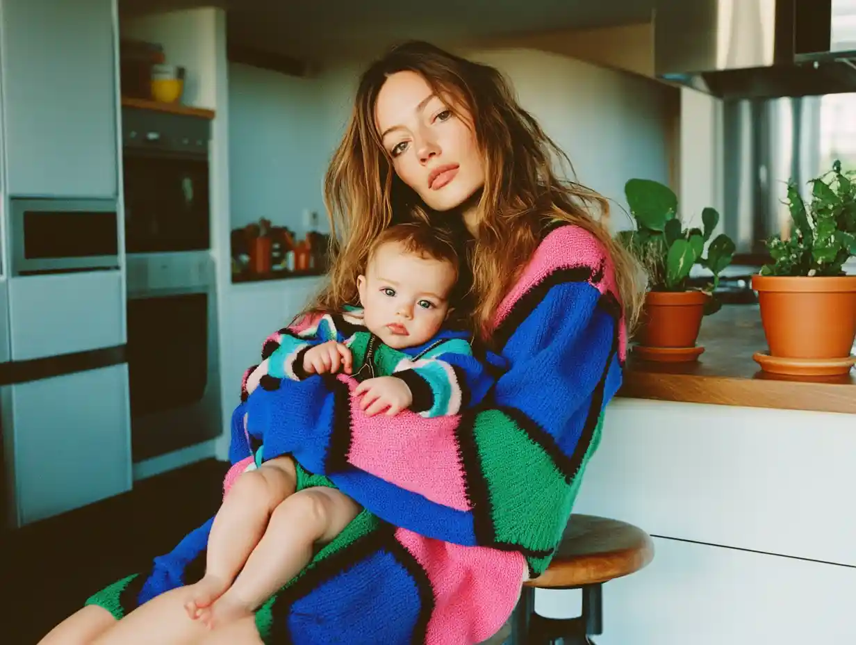 A dedicated nanny holding a baby in a modern kitchen, reflecting the value and rewards of competitive compensation.