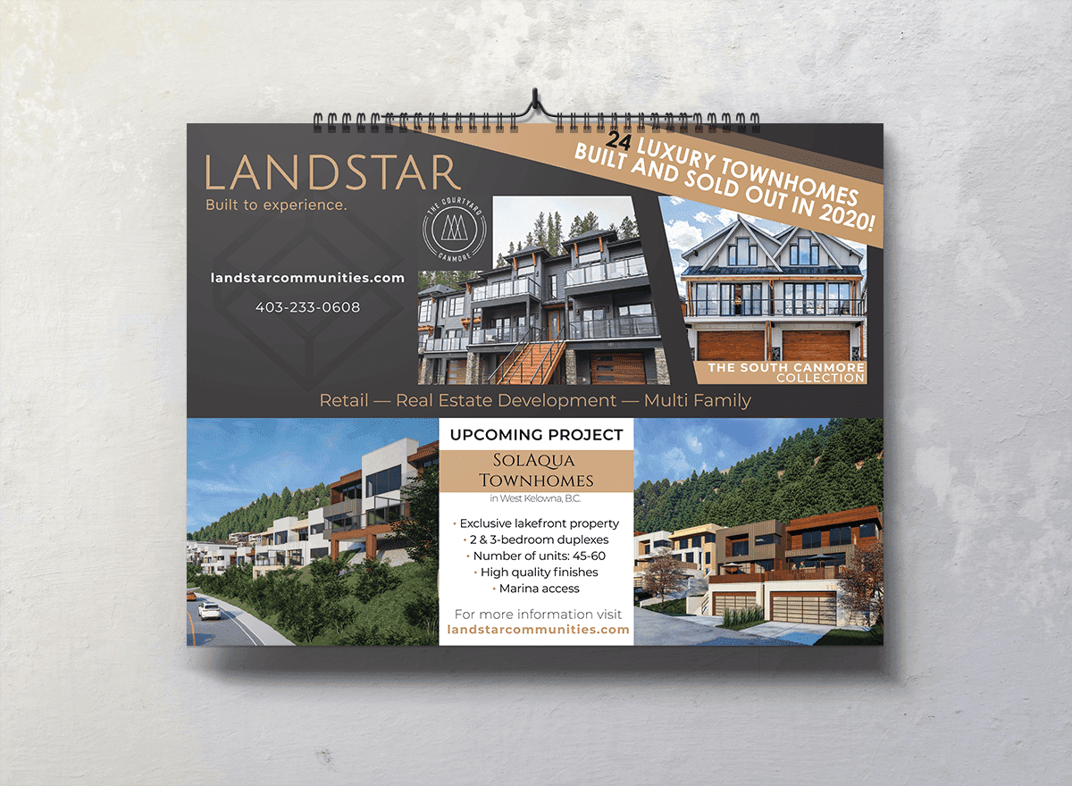 Mockup of calendar displaying a real estate ad hanging on white painted surface