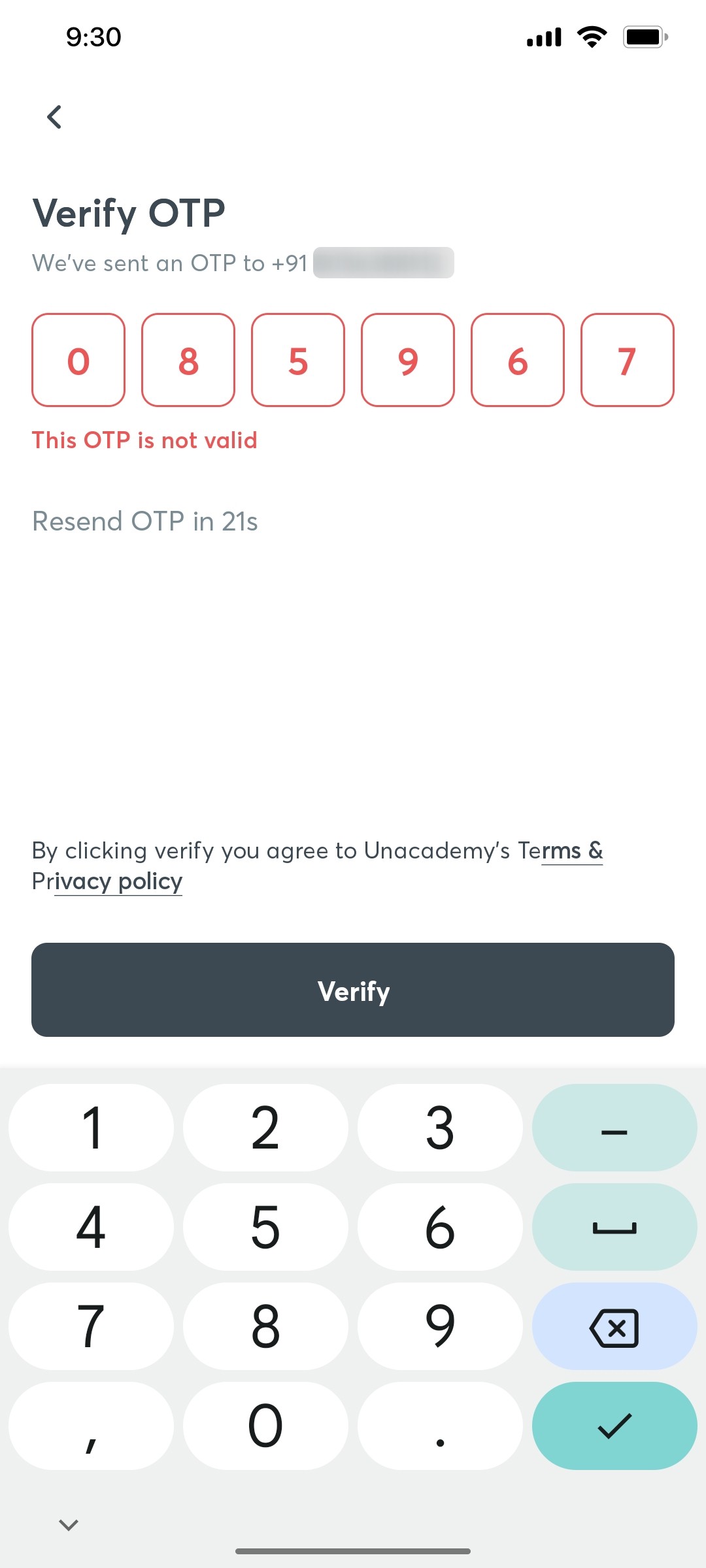 Unacademy Enter OTP Screen