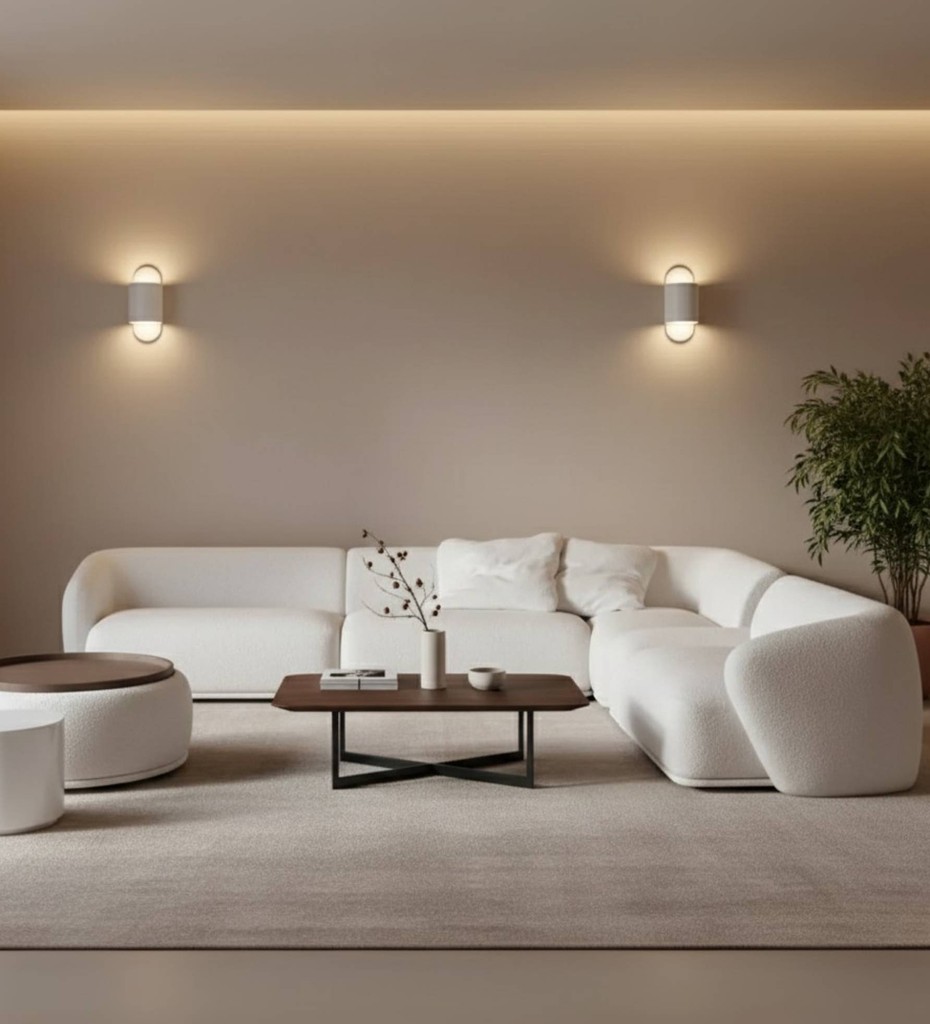 Three‑seater cream upholstered sofa with tufted back cushions and wooden arm frame