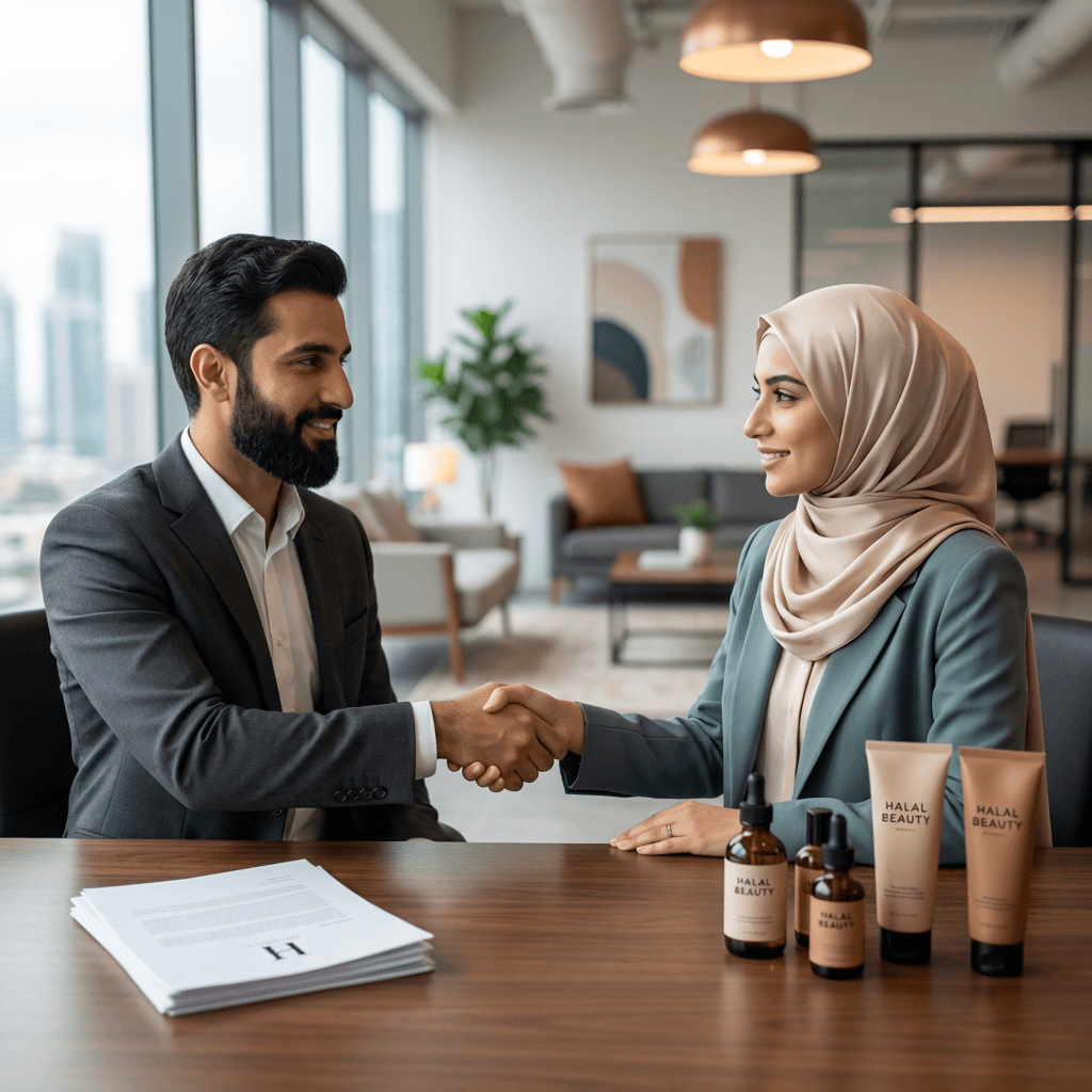 The founder of our halal influencer marketing agency shaking hands with an ethical business client over a desk displaying branding documents, symbolizing a trusted and Shariah-compliant partnership.