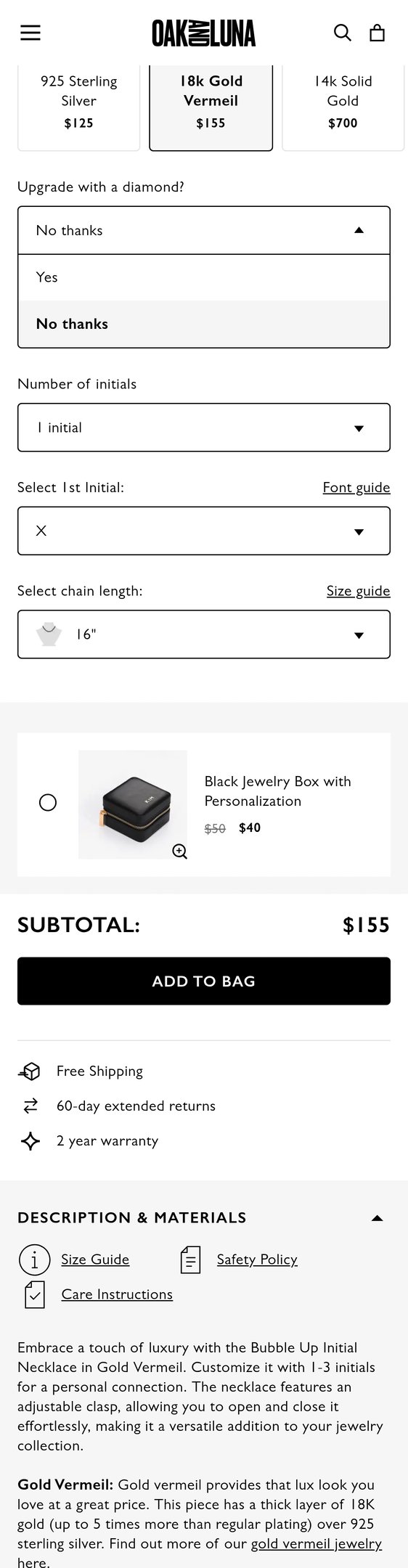 Jewelry product options include: necklace for Bubble Up Initial Necklace - Gold Vermeil from Oak & Luna.