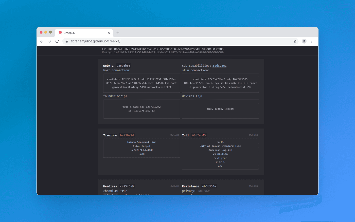Advanced detection: CreepJS