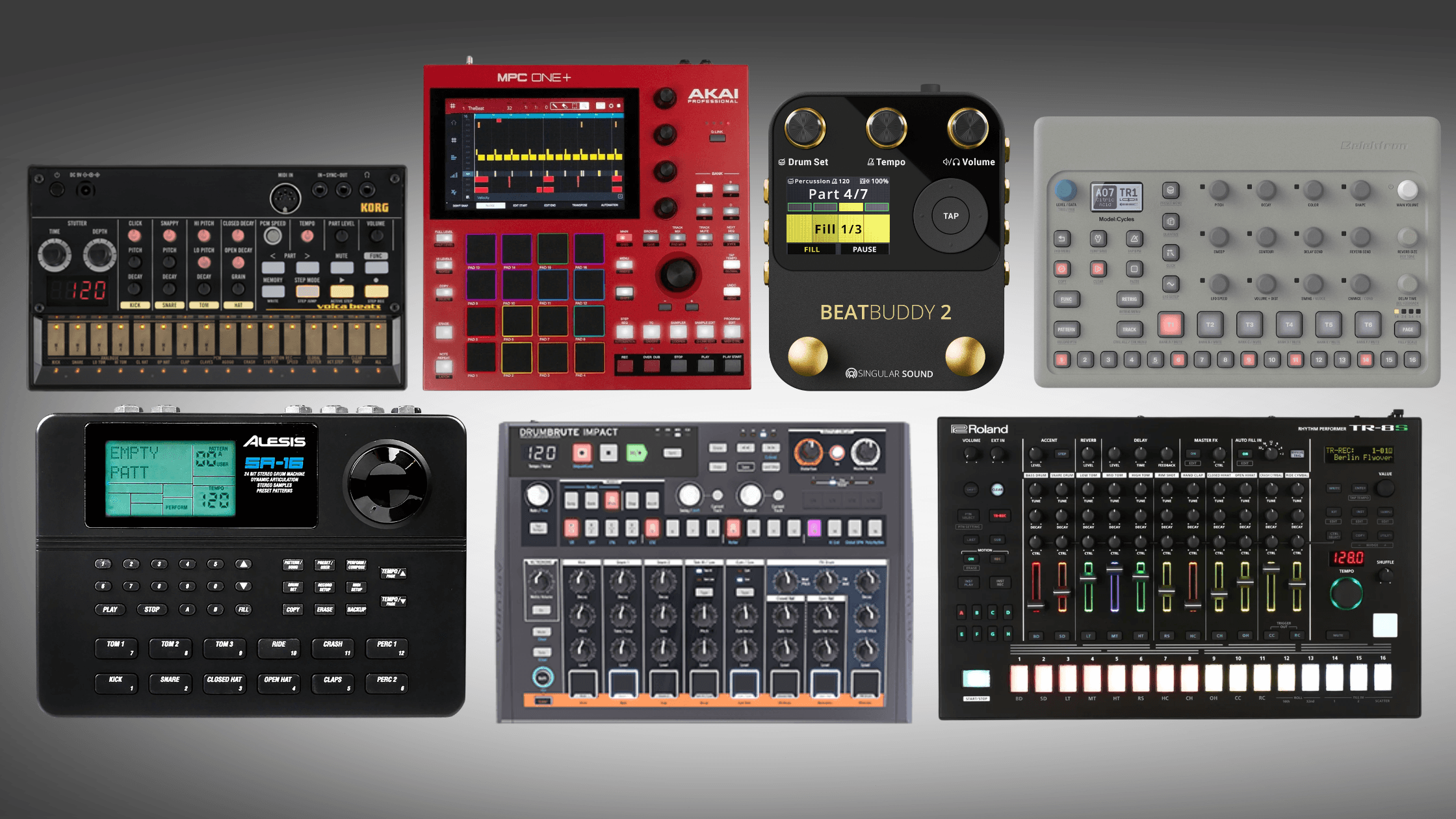 seven drum machines on a grey background