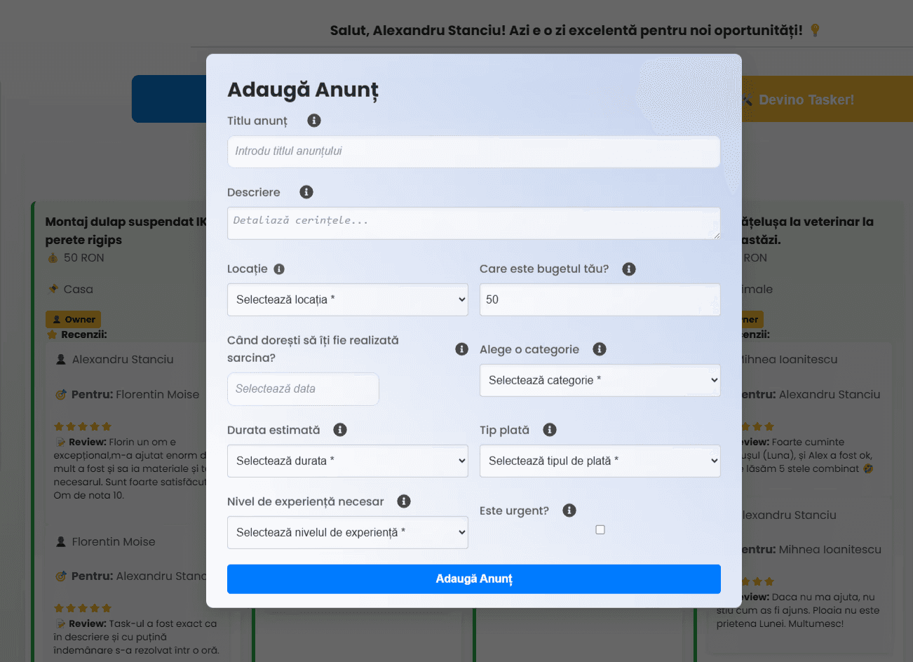 Screenshot of task posting form before redesign