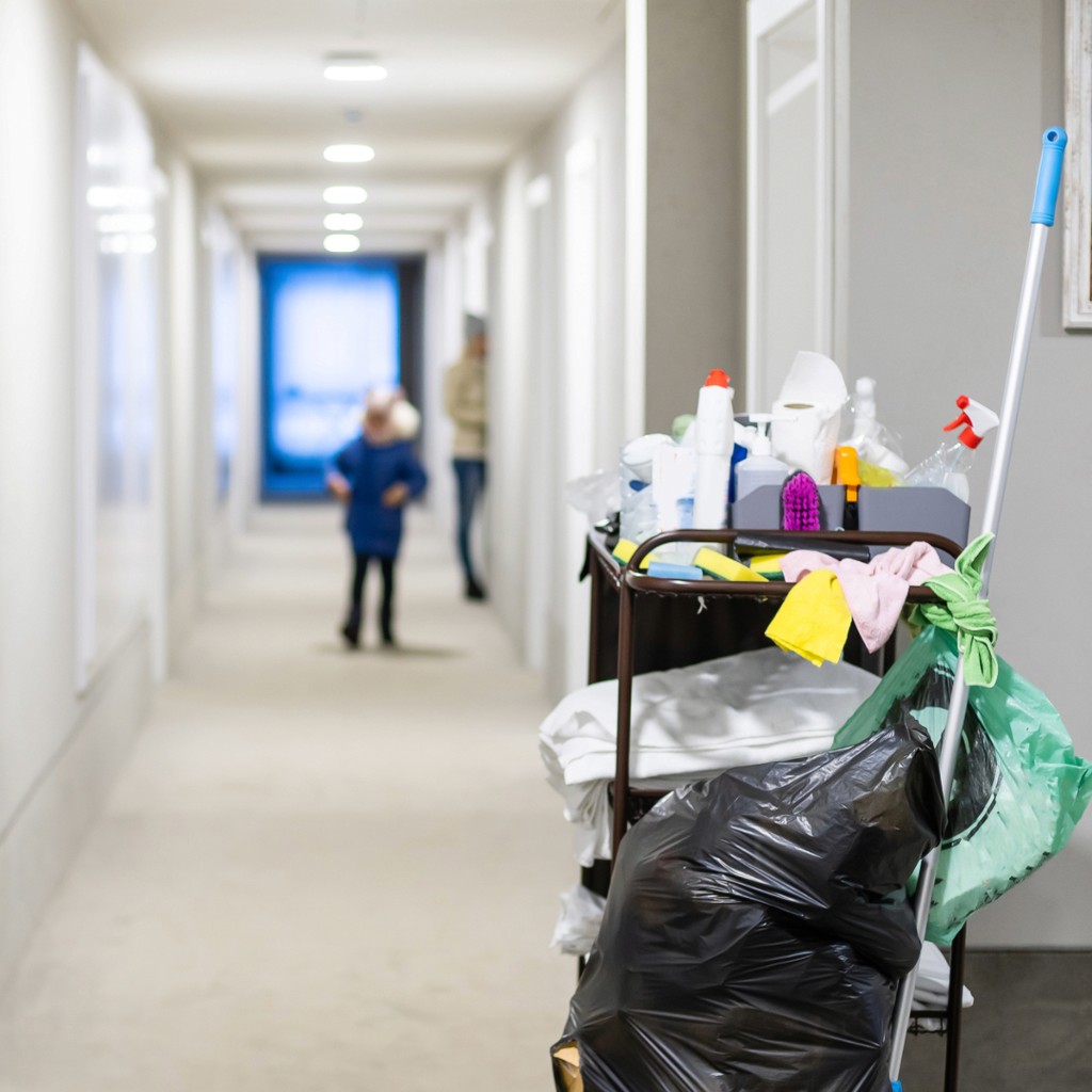 Building hallway being cleaned