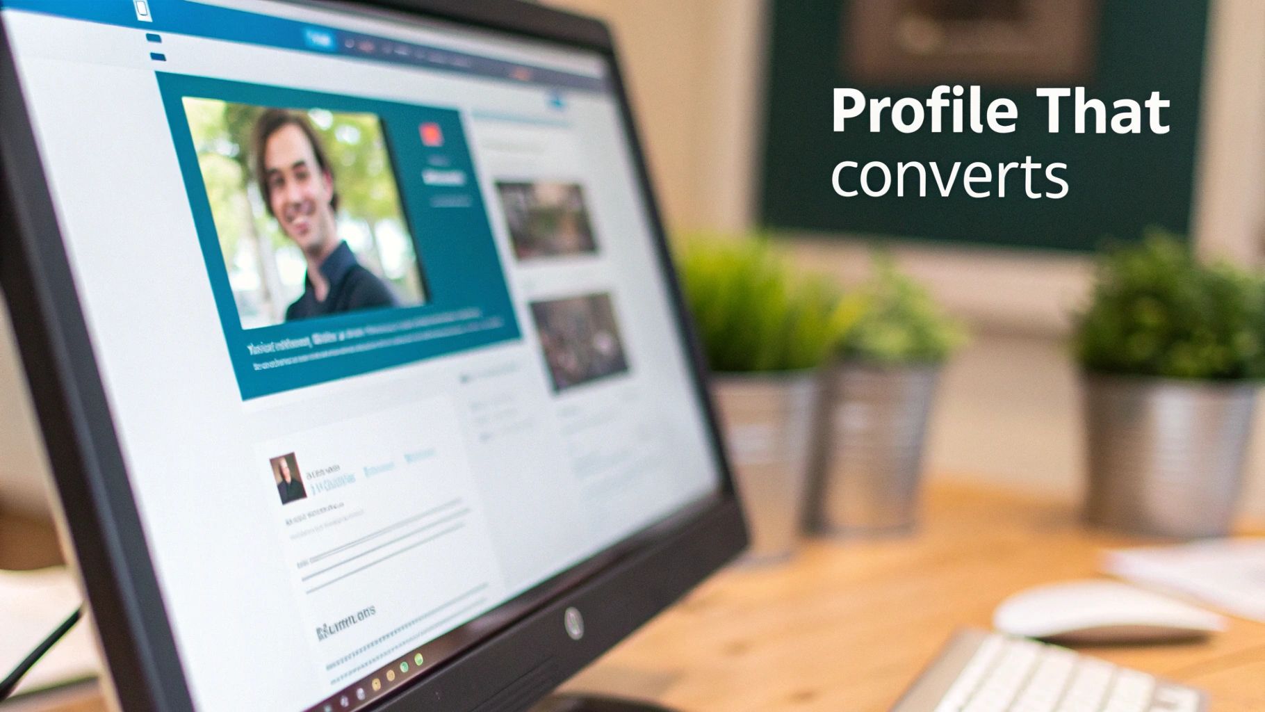A computer monitor shows a professional profile page, with text 'Profile That converts' on the right.