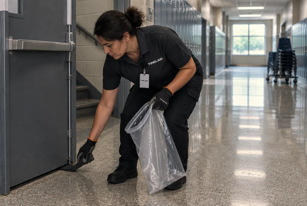 Tinclad technician removing a door wedge in a school corridor