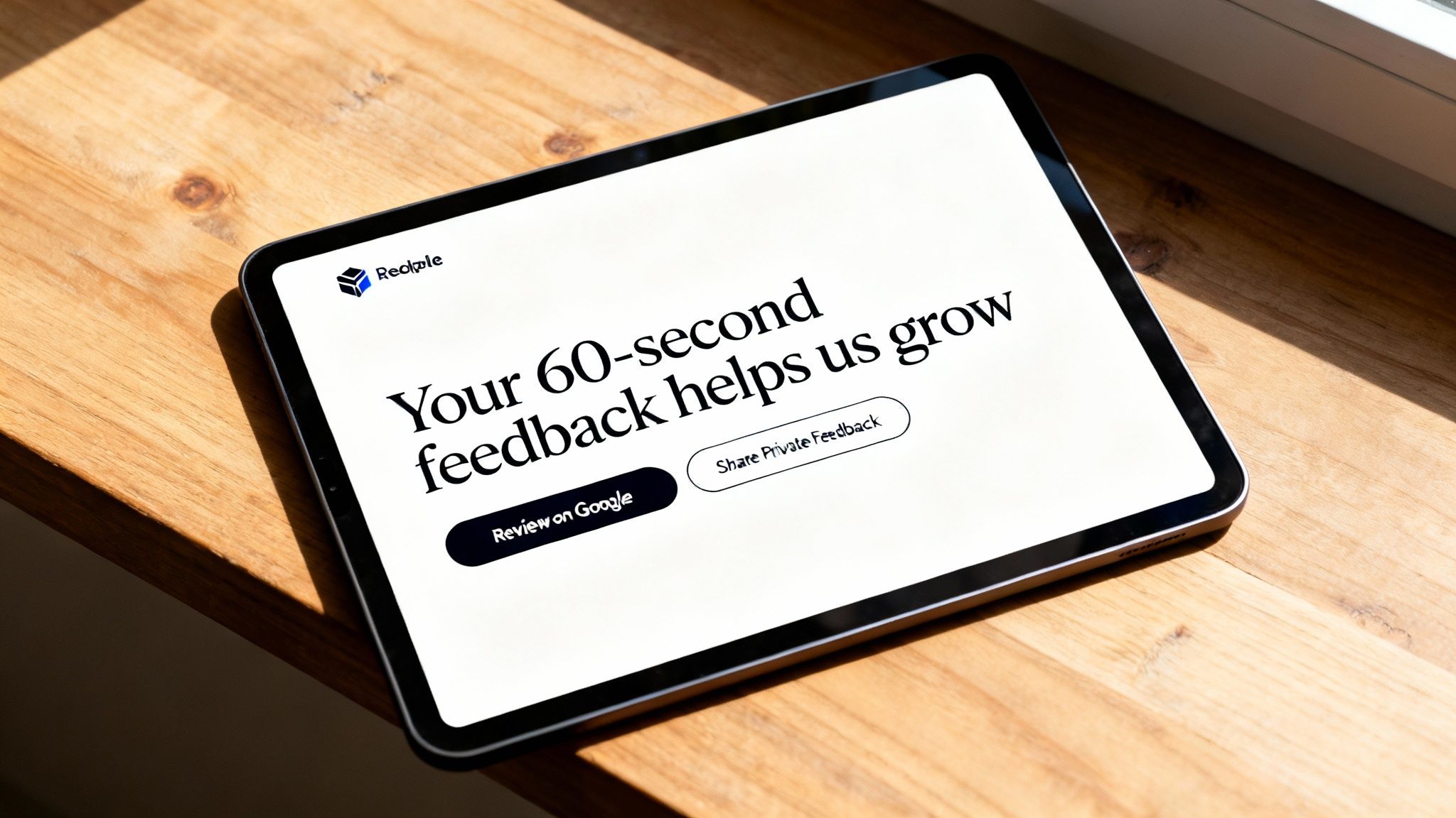 A tablet on a wooden table displaying a feedback page for Redzale, encouraging reviews.