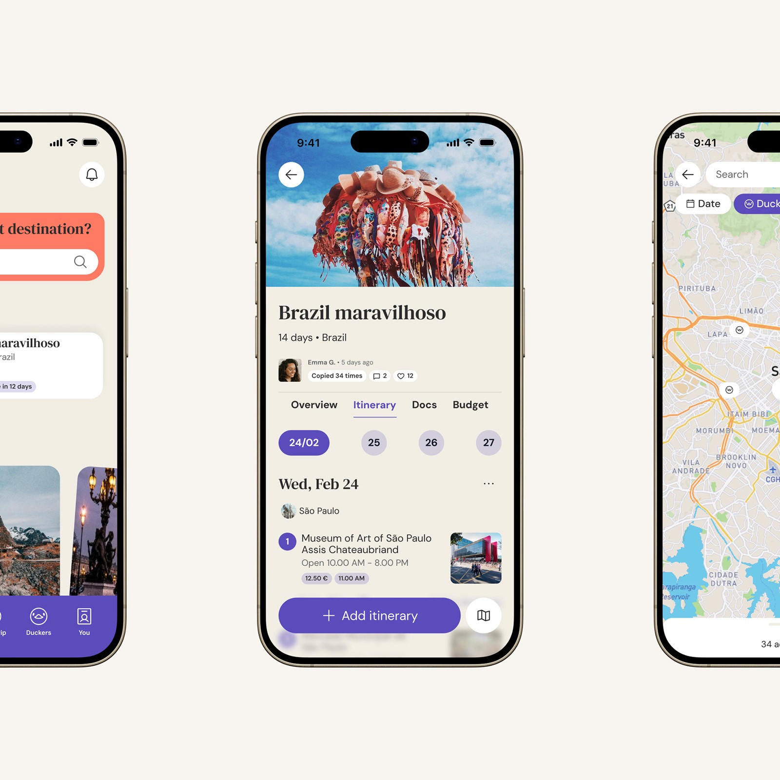 3 mobile screens of the new DuckAround app. Showing the home, the travel itinerary as well as the map featuring Ducky Choices.