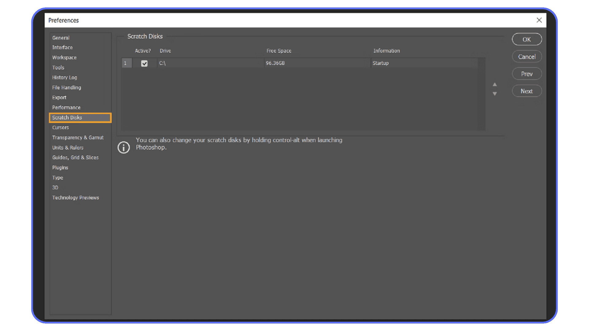 Screenshot of Photoshop’s Scratch Disks settings showing the active drive, free space available, and the option to change scratch disk locations.