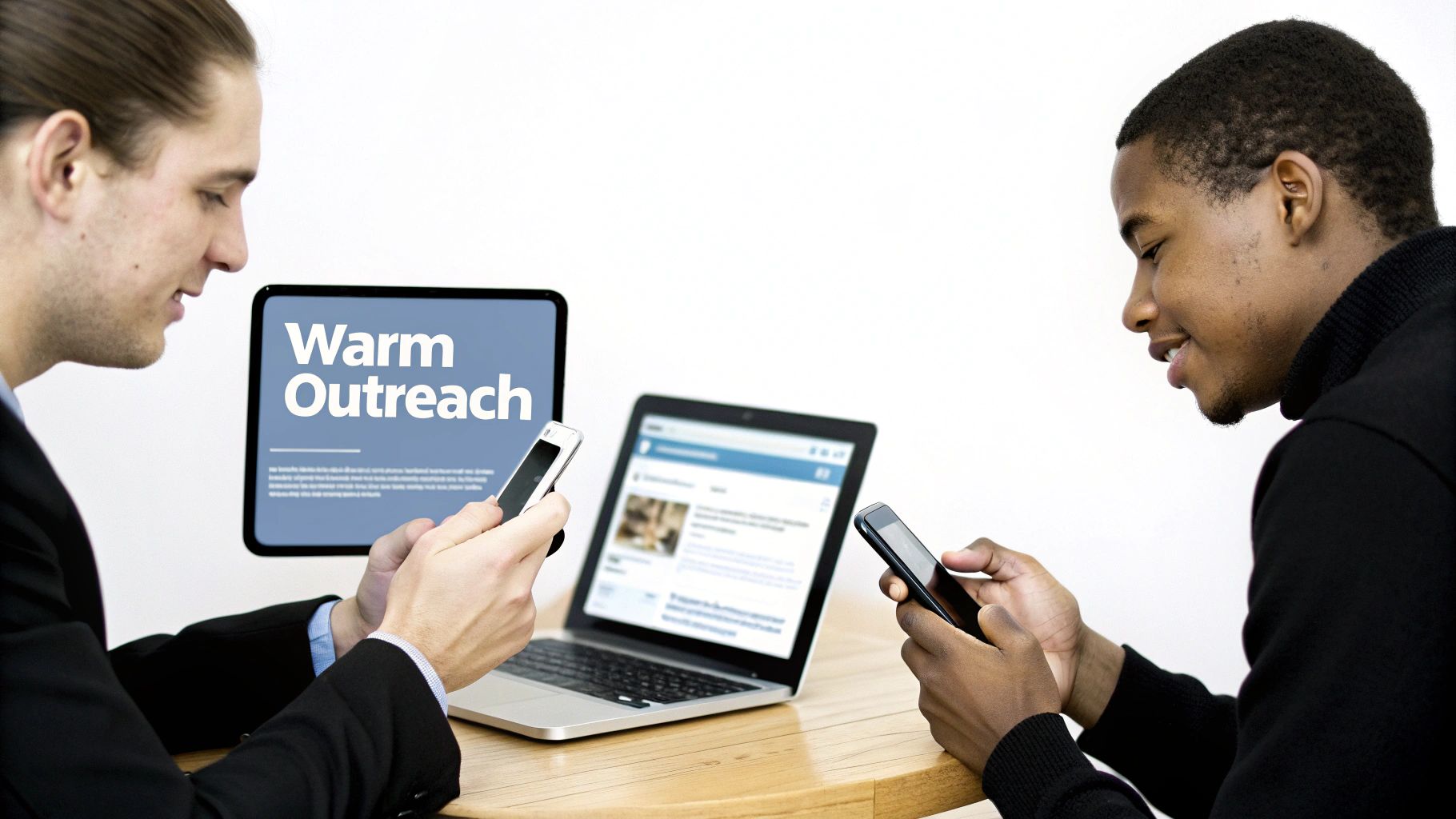Two diverse men interacting with phones and screens, focusing on warm outreach.