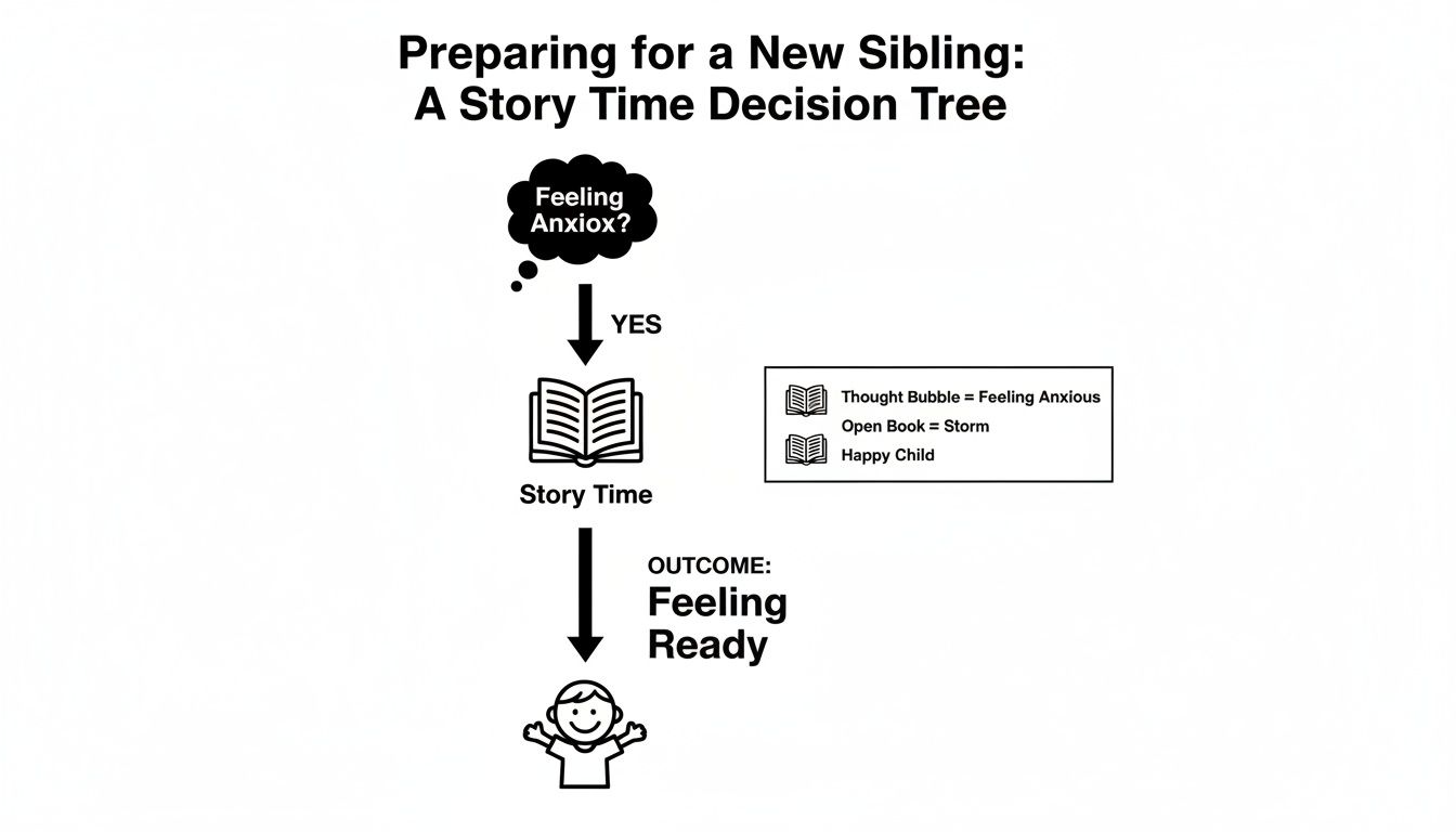 A flowchart showing how story time helps children prepare for a new sibling and reduce anxiety.