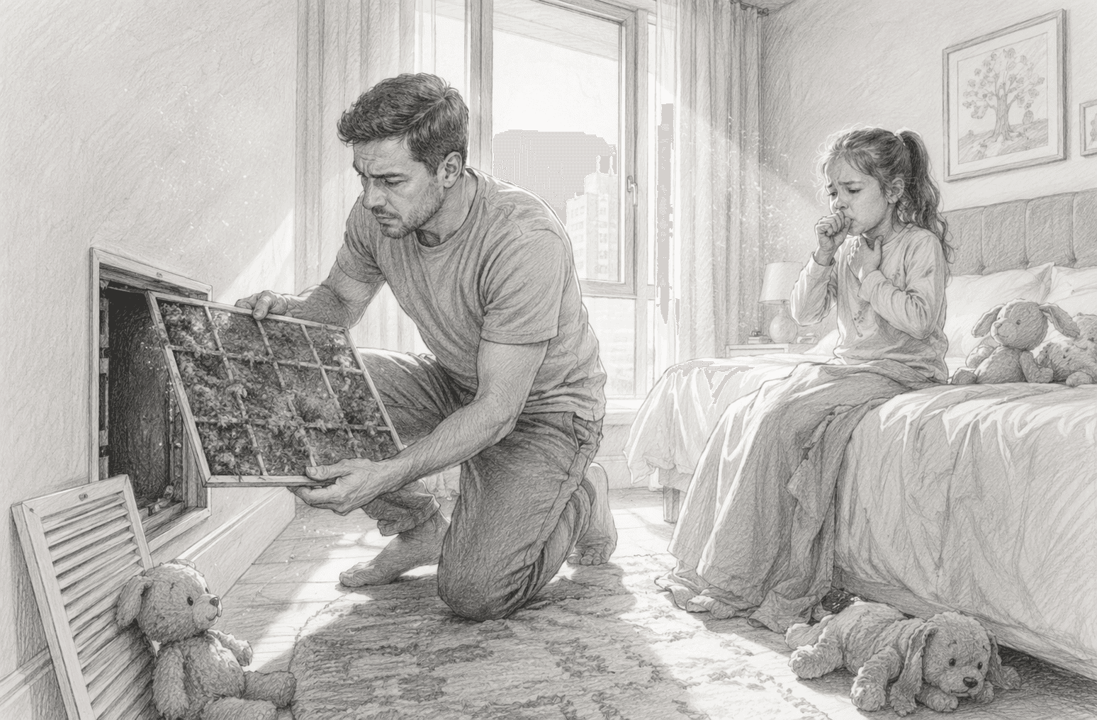 Parent changing dusty AC filter beside child's stuffed toys