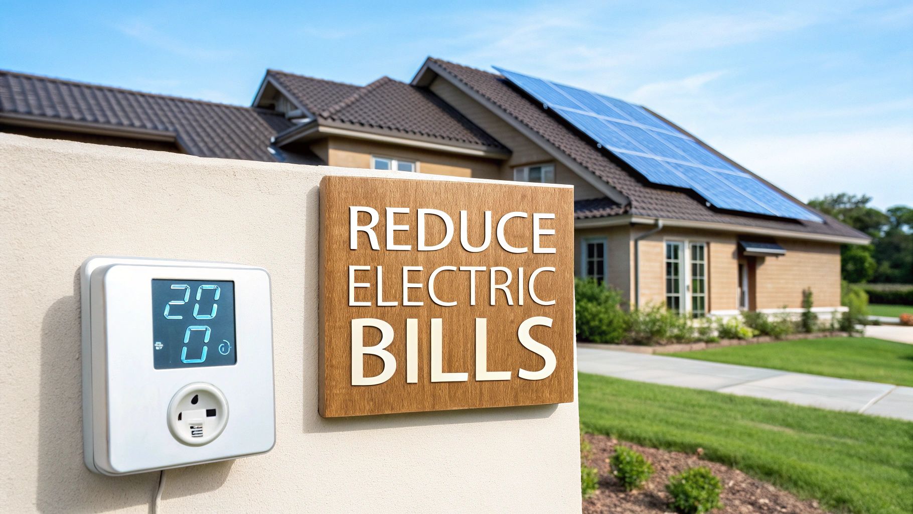 a wooden panel next to an electricity measuring unit with the text 'reduce electric bills'