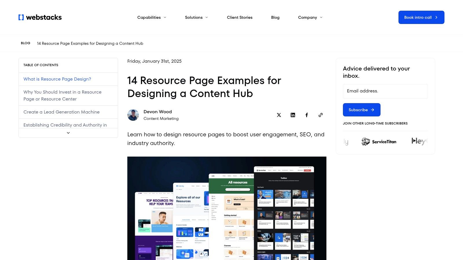 A screenshot of the Webstacks blog post showcasing different resource page examples, with a clean, modern design and annotations highlighting key UI/UX features.