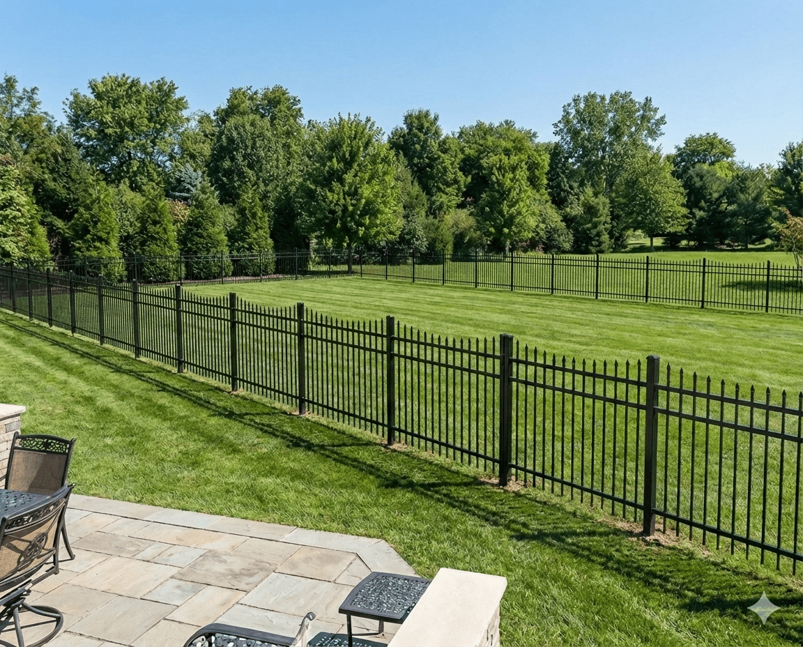 Decorative Eclipse aluminum fence featuring a concave wave profile around a vibrant garden perimeter.
