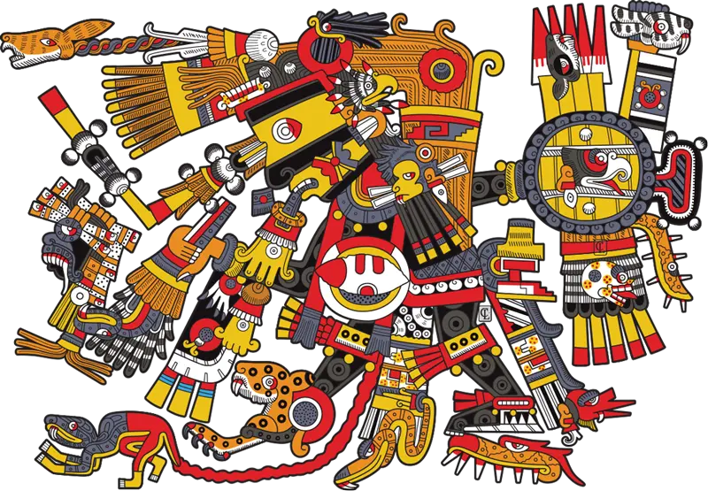 Ilustración vectorial de la deidad Tezcatlipoca, el espejo humeante, rodeado de forma circular por los veinte signos nahuas del Tōnalpōhualli; una composición que integra arte gráfico moderno con simbología prehispánica.