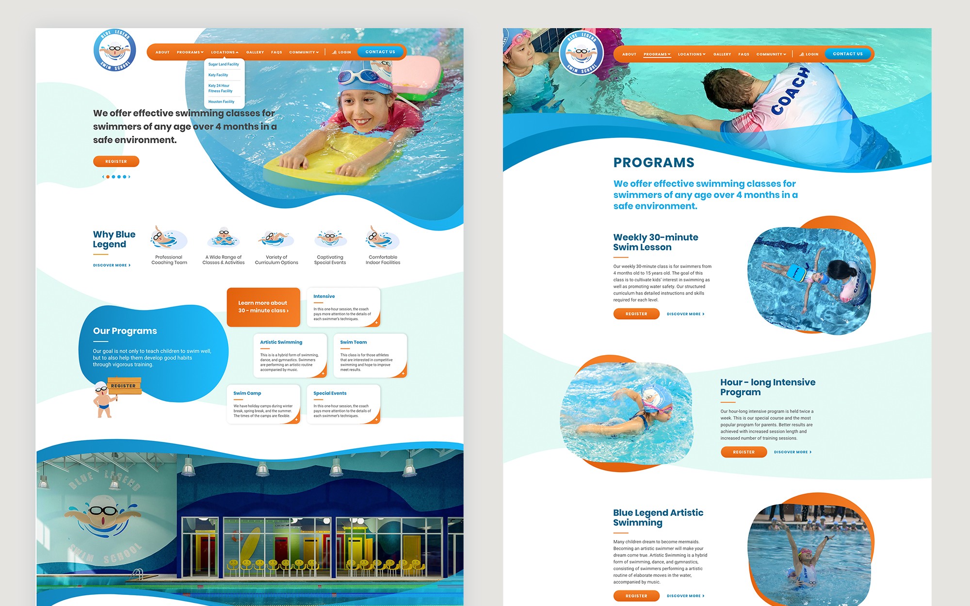 Website design mockup for Blue Legend Swim School featuring swim programs and coaching details.