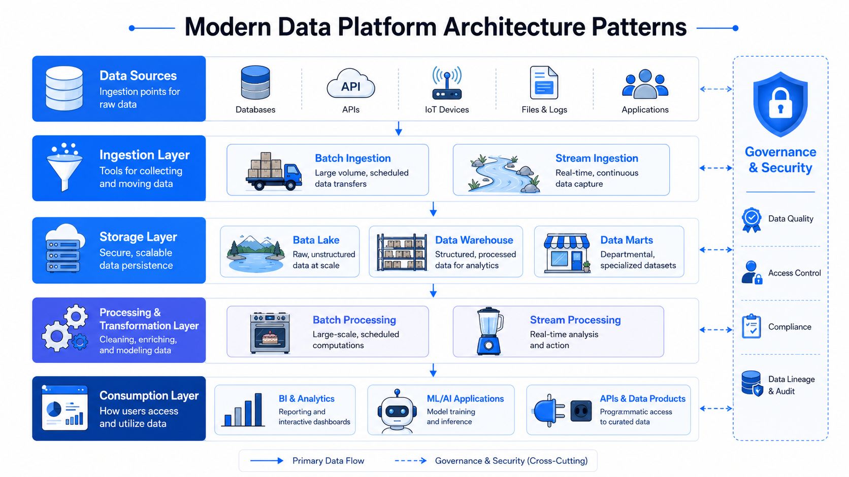 A diagram illustrating the architecture of a modern data platform, from ingestion and storage to analytics.