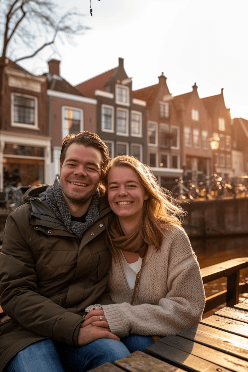 A smiling couple sits together on a bench, with charming buildings and a warm sunset in the background.