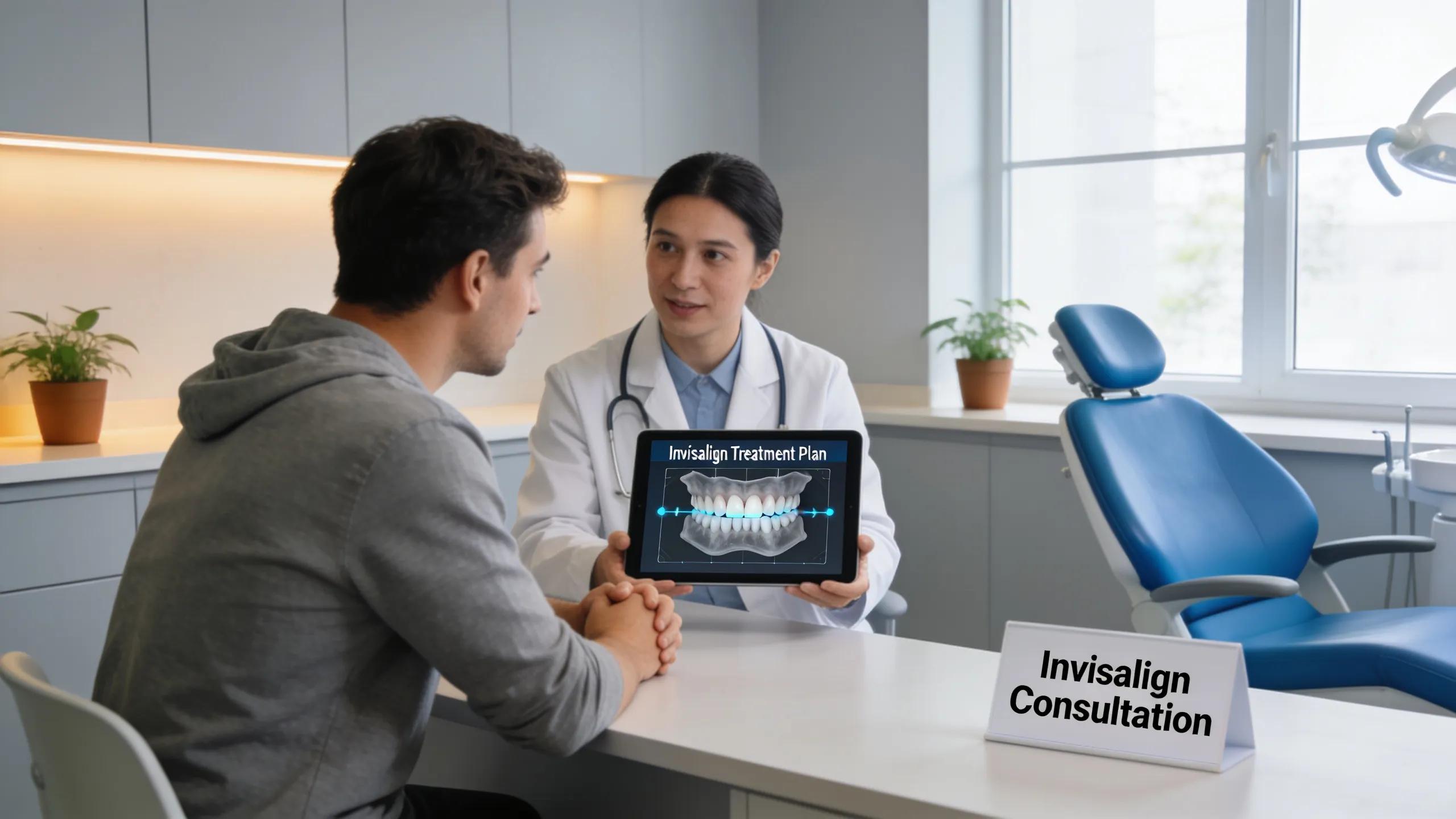 Dentist consulting with a patient about Invisalign treatment options