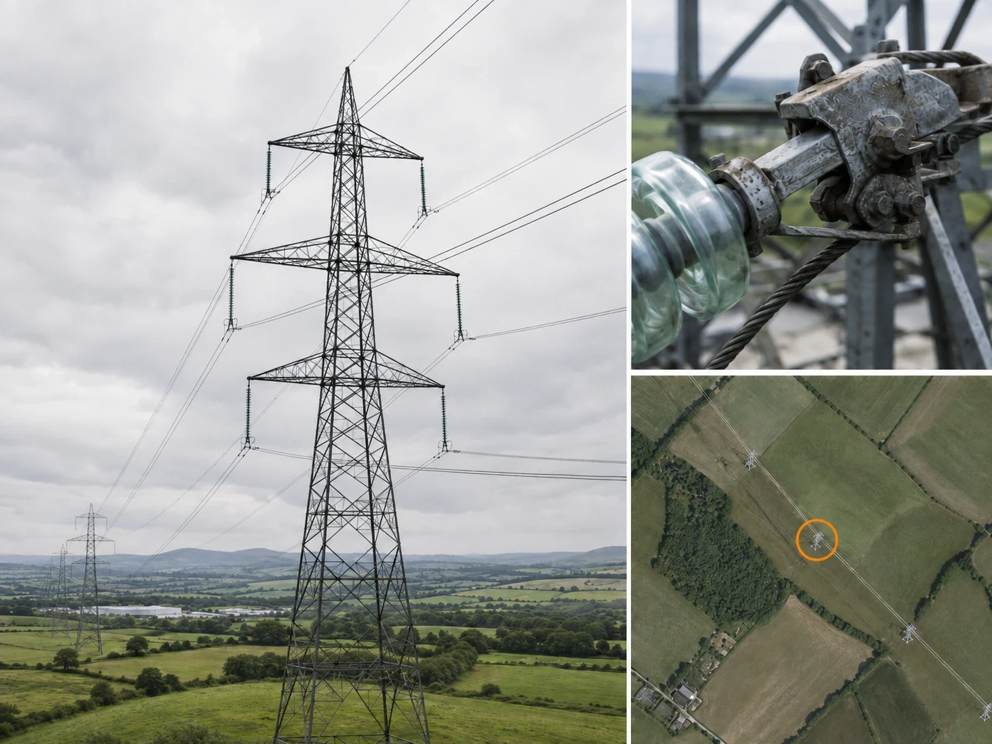 Aerial view of a powerline corridor running through rural UK terrain