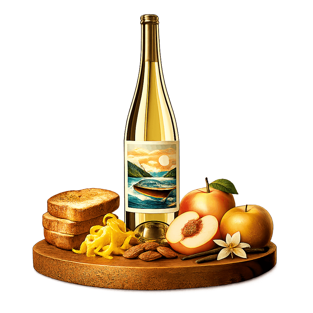 Artistic label and flavor profile for Italian Franciacorta on a rustic wooden table.