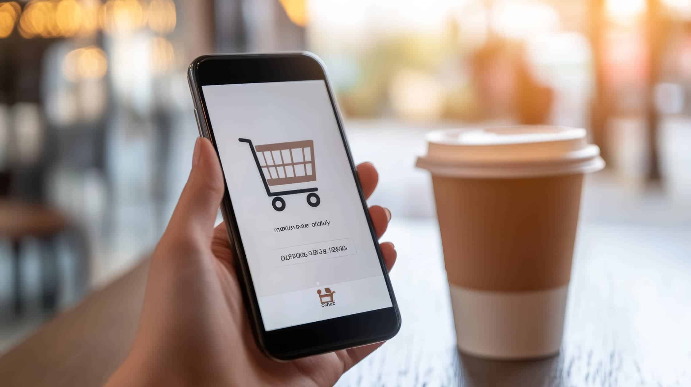 hand holding mobile phone displaying shopping cart icon and payment information suggesting online purchase in cafe setting with takeaway coffee cup