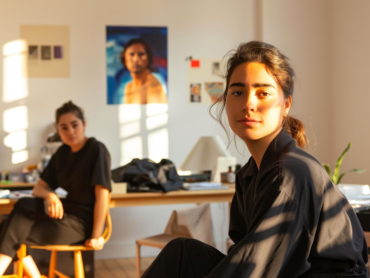 2 frauen sitzen in einem gemütlichen raum und schauen zur kamera