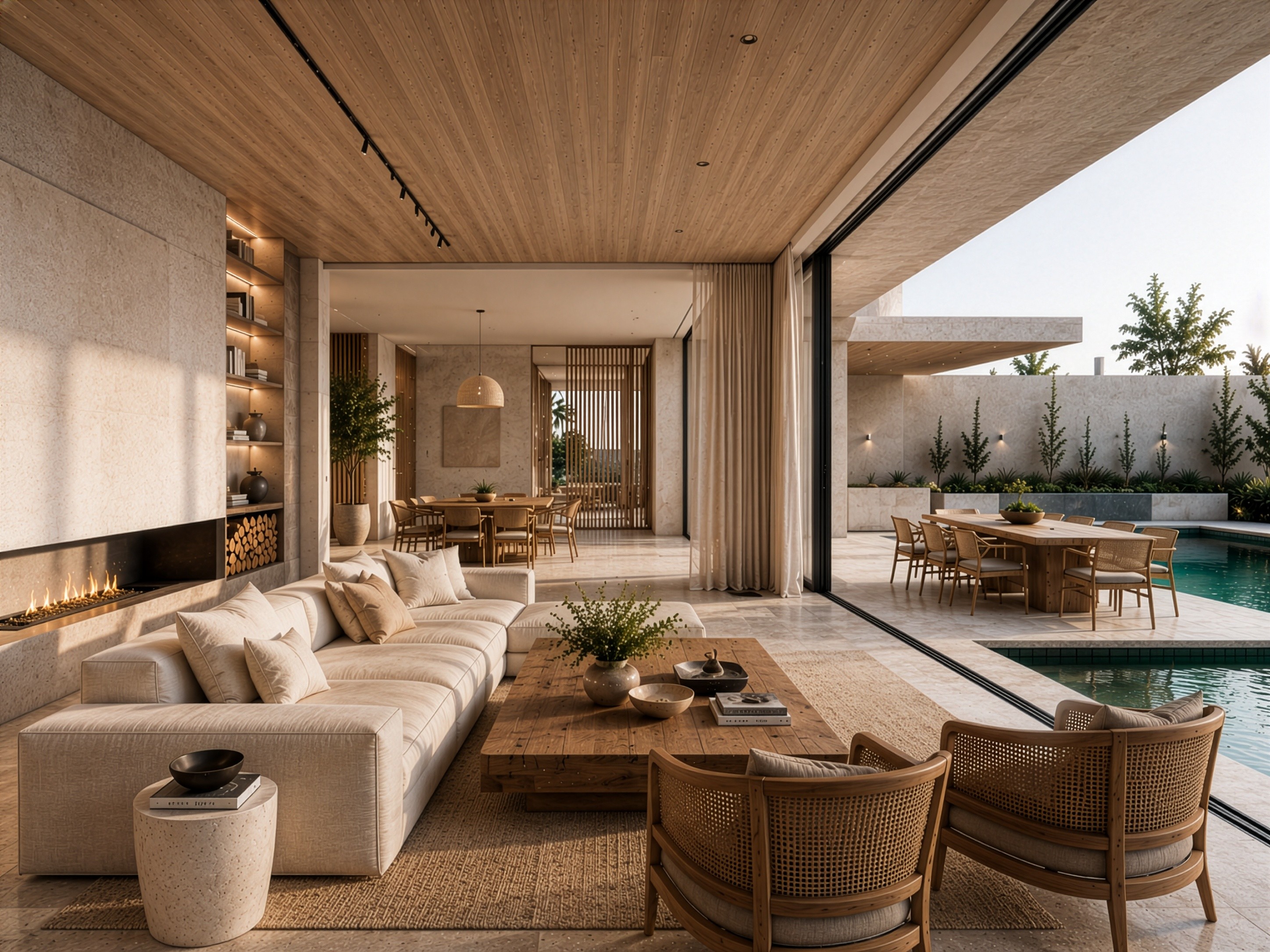 A minimalist white living room with modular seating and floor-to-ceiling windows overlooking a vast desert canyon.