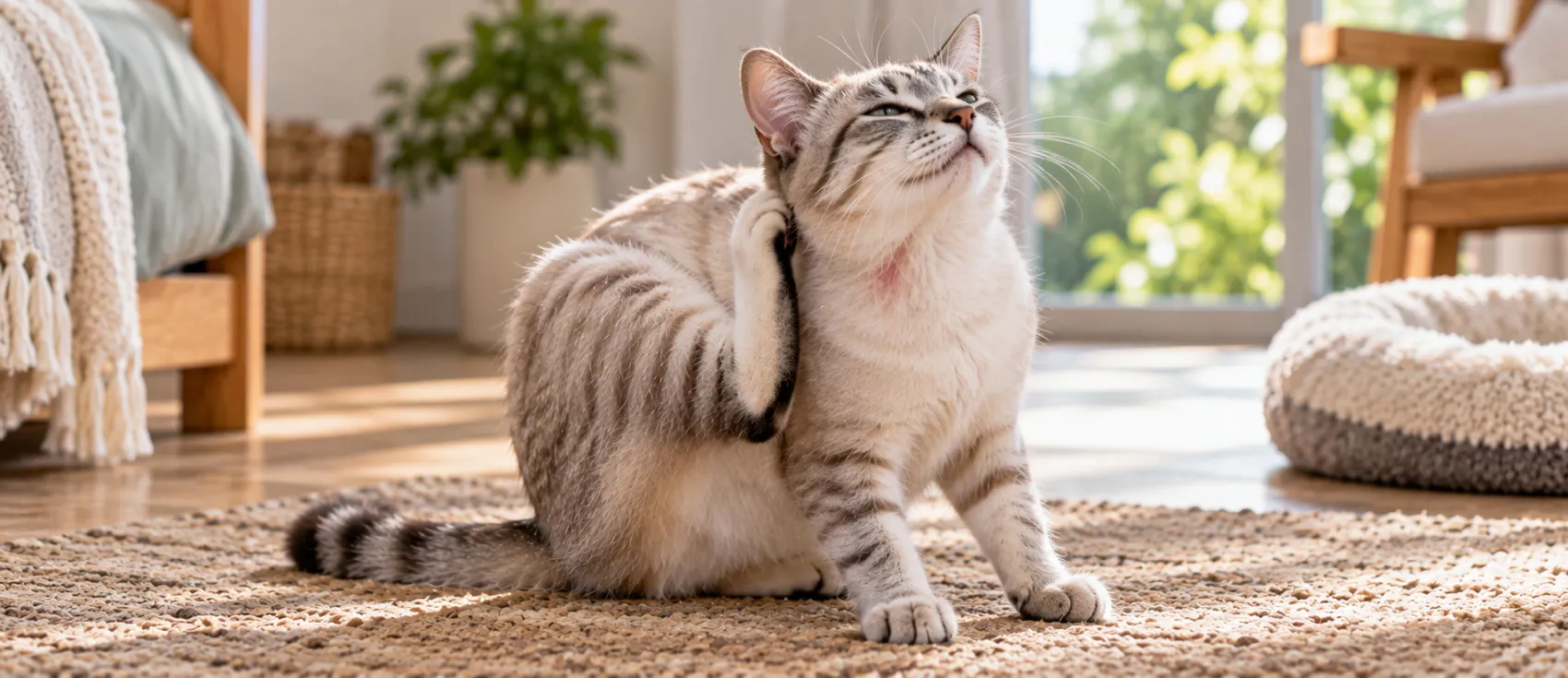 Tabby and white cat scratching its neck, a common sign of skin irritation.