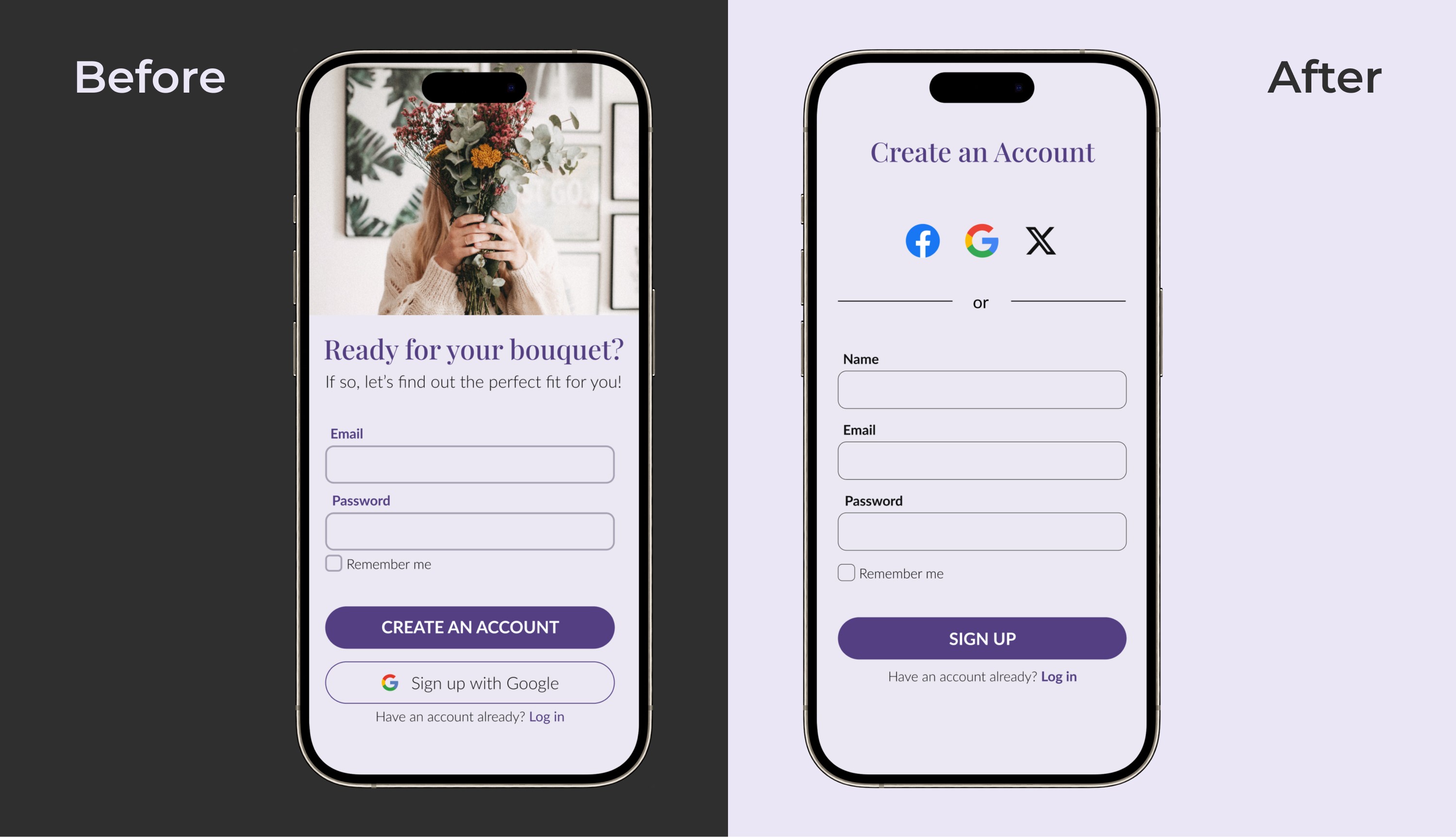A UI redesign comparison of a mobile app’s sign-up screen, showing changes in layout, background, and additional input fields.