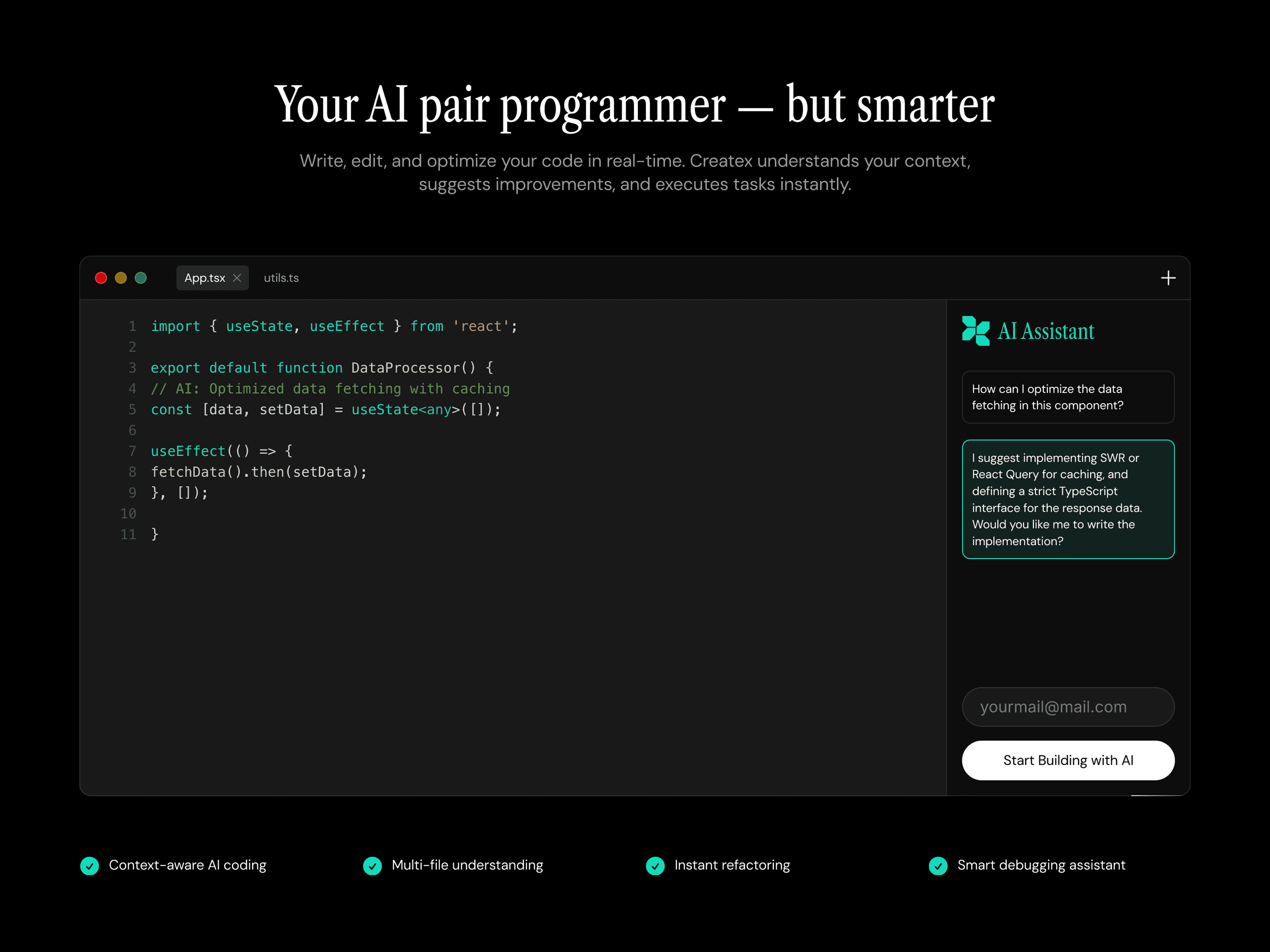 Createx is a modern AI SaaS website template designed for startups, developers, and creators. It features a clean dark UI, smooth interactions, and high-converting sections including hero, features, pricing, blog, and more. Built for performance, scalability, and a premium user experience.