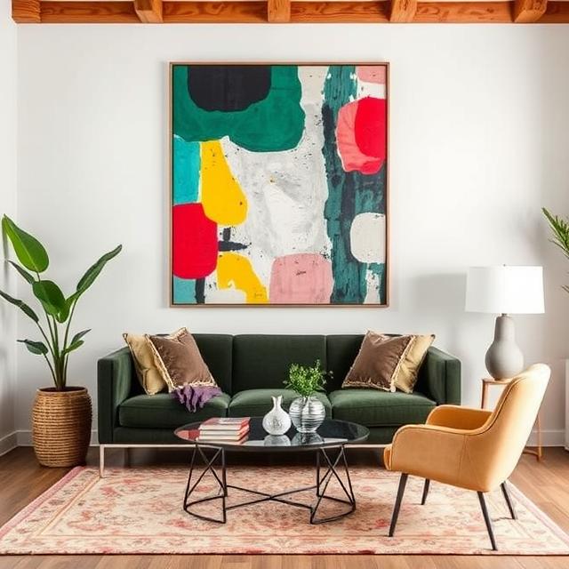 A vibrant abstract painting is displayed above a green couch in a modern living space.
