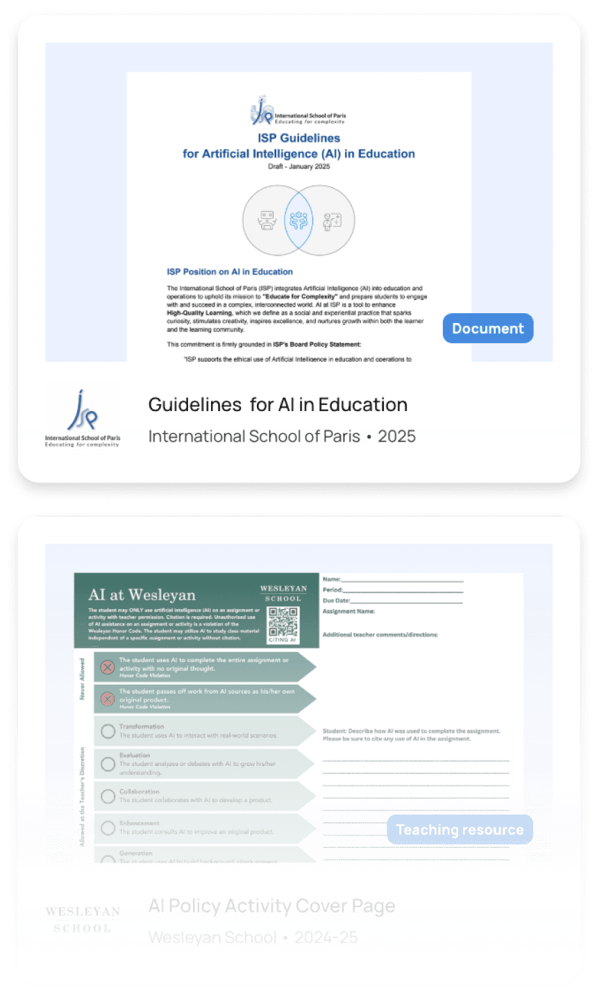 A column of preview images of AI school policies as part of Flint's AI policy library