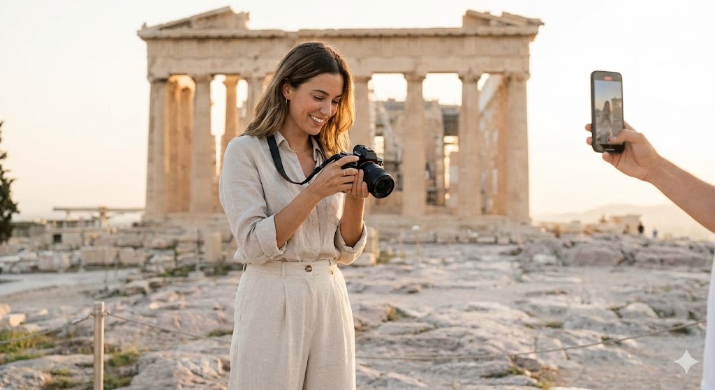 Stylish travel influencer capturing content in an iconic destination, camera or phone in hand, candid behind-the-scenes moment, natural light, editorial photography style, modern travel aesthetic, clean composition, no logos, no text