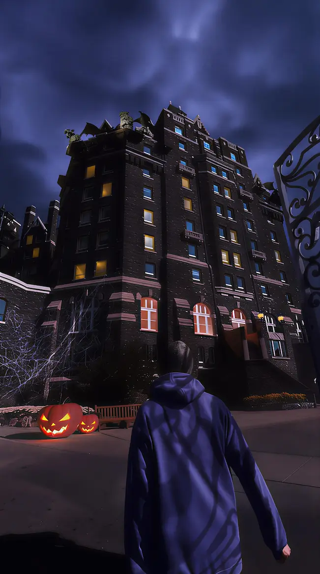 Person in hoodie approaching spooky building with glowing jack-o'-lanterns, nighttime sky overhead.
