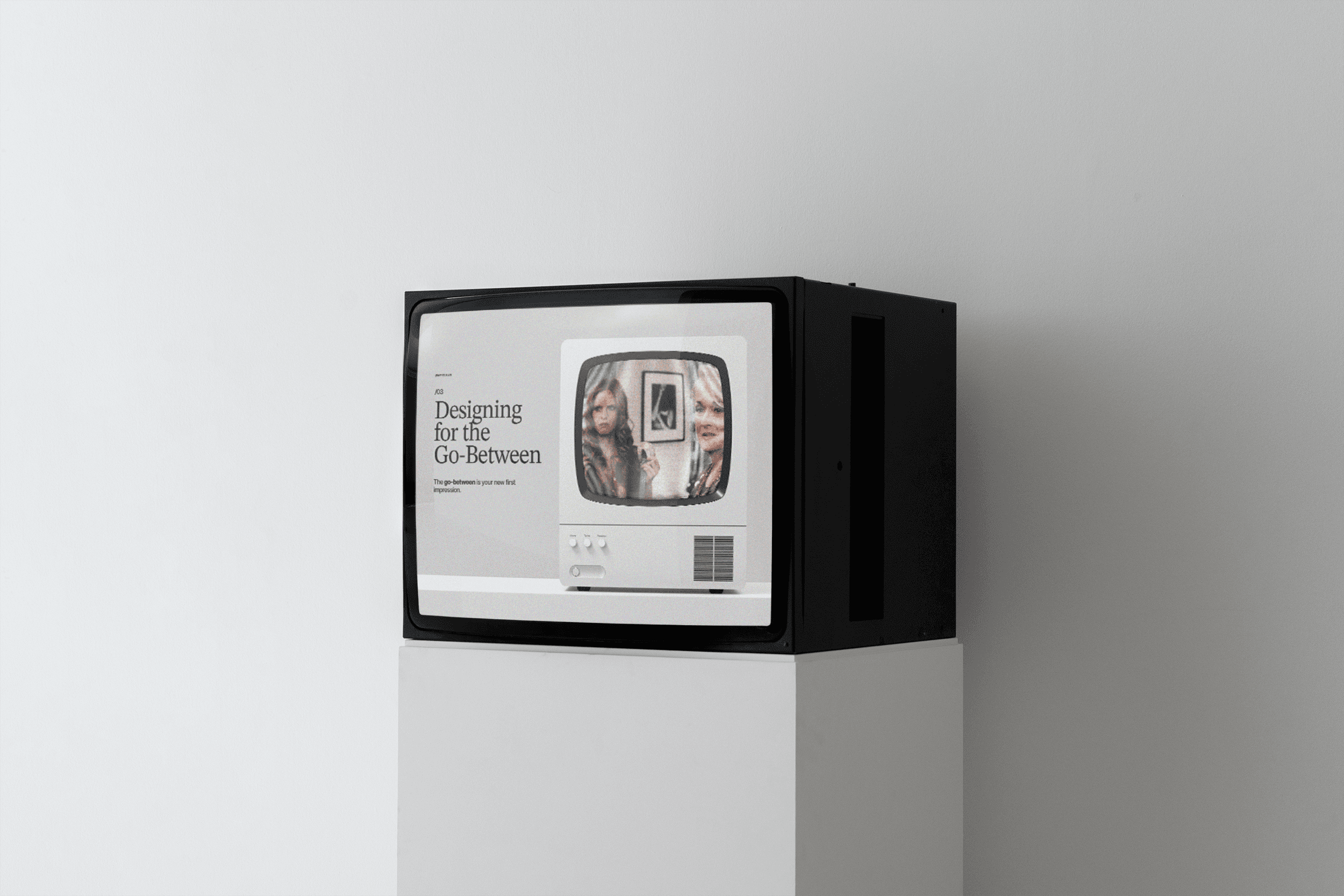 Alt text: Editorial graphic with a vintage TV displaying a film scene. Text reads: Designing for the Go-Between, Issue 03.