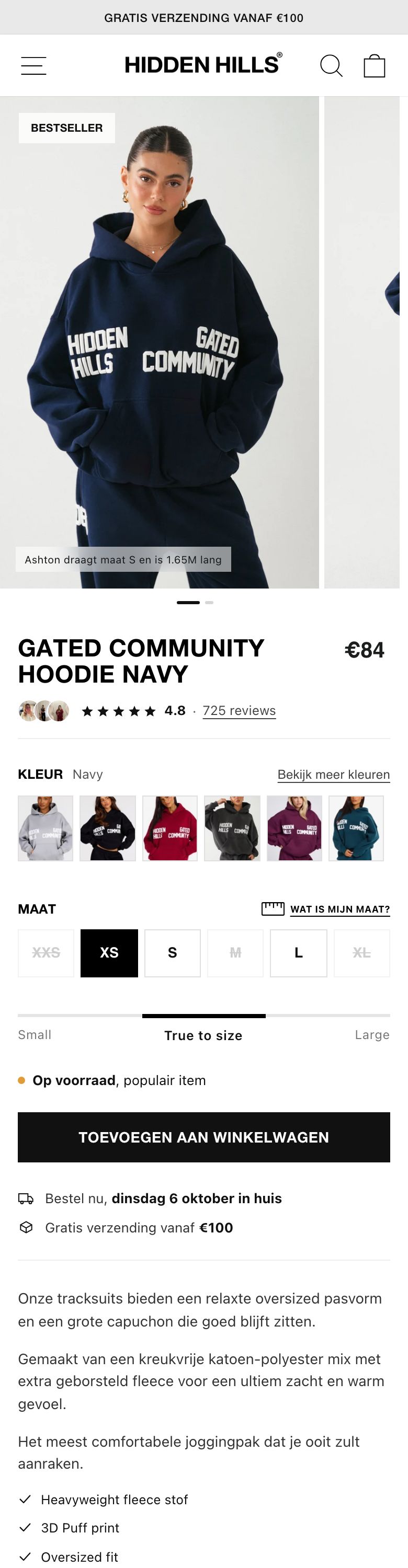 De productpagina van de Gated Community Hoodie Navy bij Hidden Hills, zoals hij nu live staat