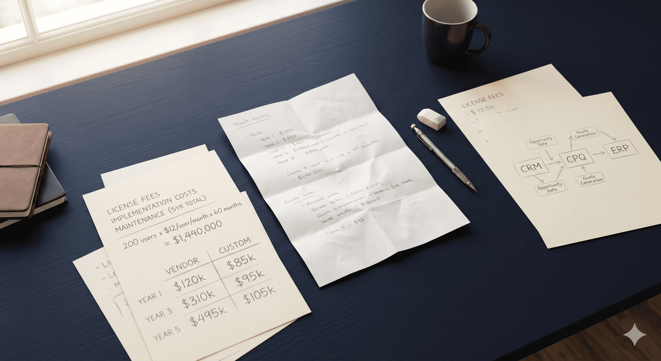 CPQ pricing comparison — vendor vs custom build cost breakdown on a desk